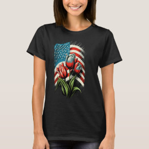Happy Memorial Day Tulips Flower American Flag 4th T-Shirt