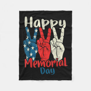 Happy Memorial Day With Usa Flag Peace Hand Sign Fleece Blanket