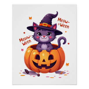 Happy Meow-a-ween - Cute Cat Witch Pumpkin - Hallo Poster