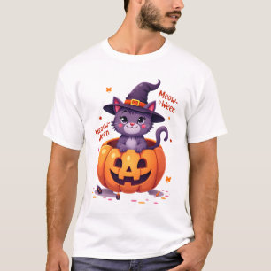 Happy Meow-a-ween - Cute Cat Witch Pumpkin - Hallo T-Shirt