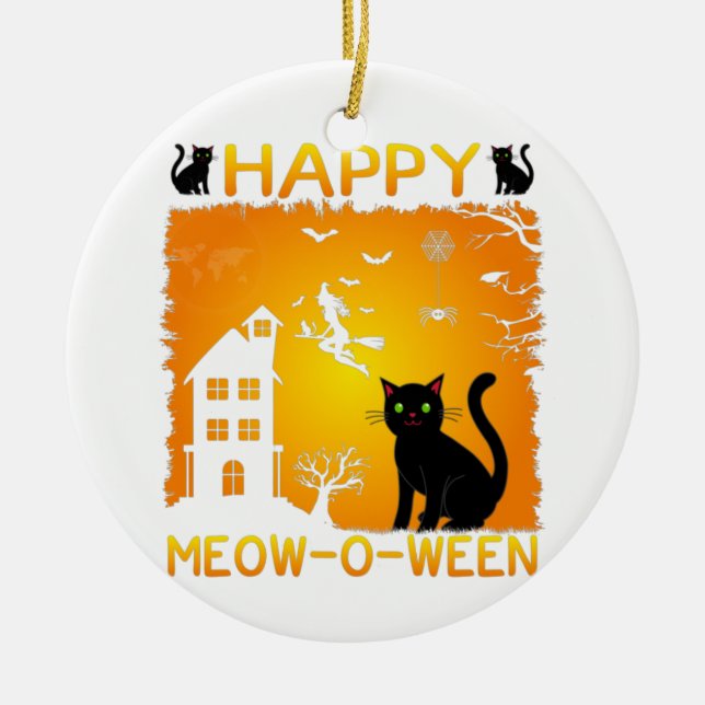 Happy Meow-O-Ween – Black Cats, Haunted House Ceramic Tree Decoration (Front)