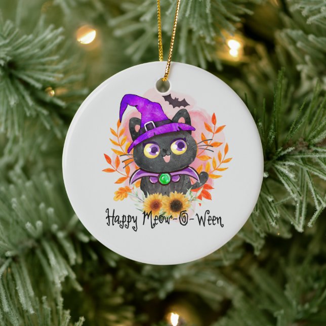 Happy Meow-o-ween -Black Witch Cat Ceramic Tree Decoration (Tree)