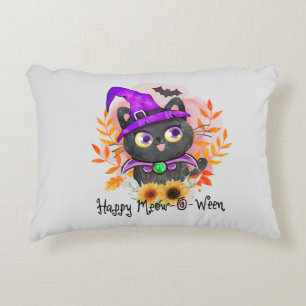 Happy Meow-o-ween -Black Witch Cat Decorative Cushion