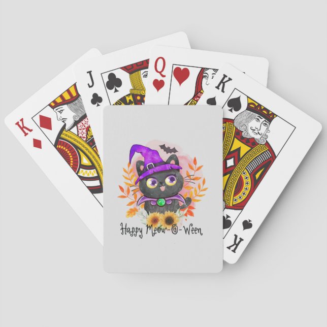 Happy Meow-o-ween -Black Witch Cat Playing Cards (Back)