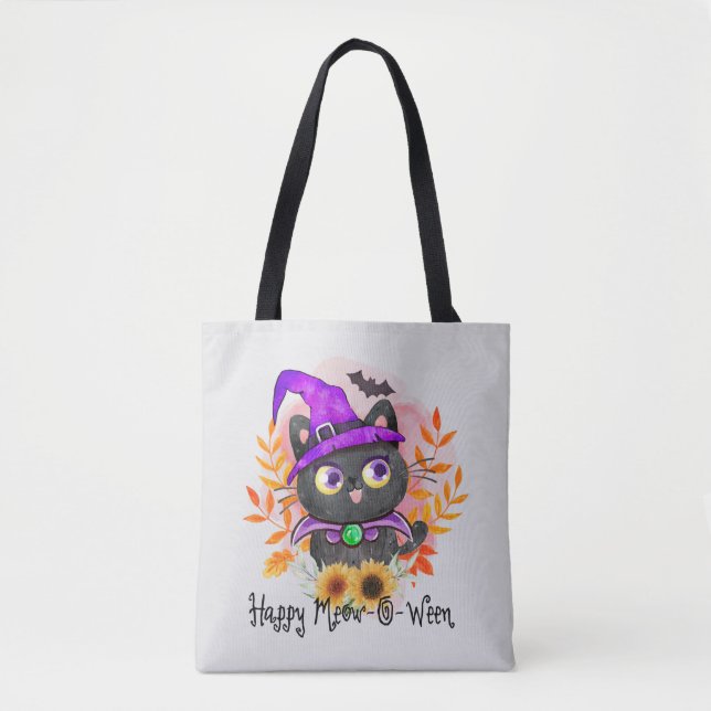 Happy Meow-o-ween -Black Witch Cat Tote Bag (Front)