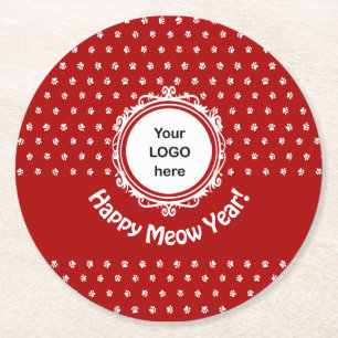 'Happy Meow Year' Cat Business Round Paper Coaster