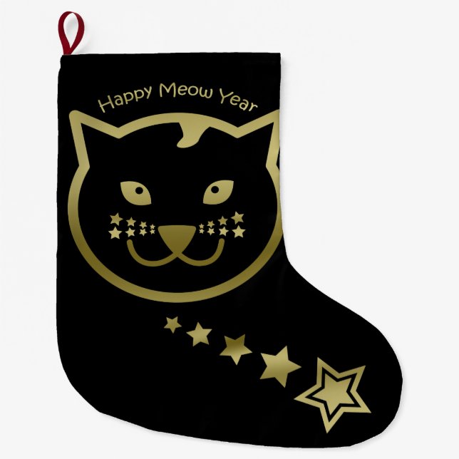 Happy Meow Year - Custom background colour Large Christmas Stocking (Front)