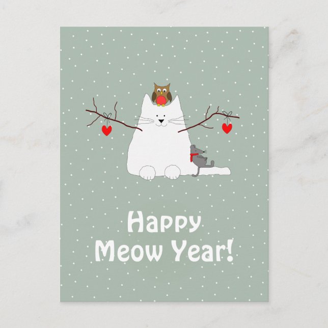 'Happy Meow Year' Snowcat Postcard (Front)