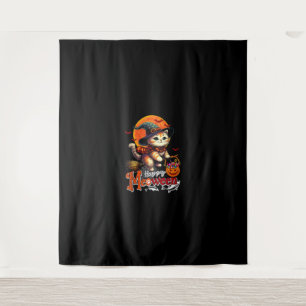 Happy Meoween Halloween Cat Cosplay Witch Costume Tapestry