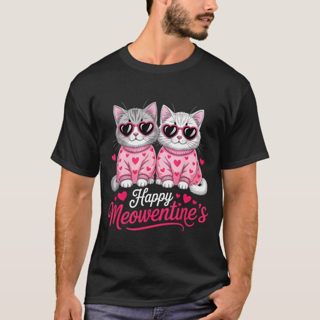 Happy Meowentine’s Cute Romantic Cats Couple Valen T-Shirt (Front)