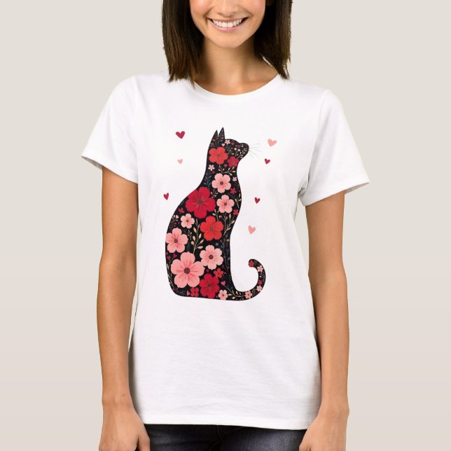 Happy Meowentine's Day Floral Cat Valentines Day T-Shirt (Front)