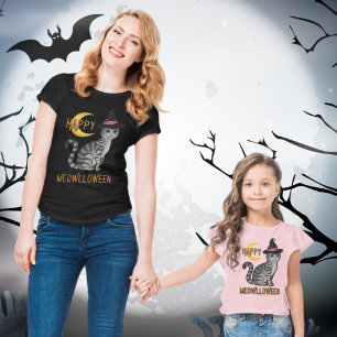 Happy Meowlloween Funny Cartoon Cat with Moon T-Shirt