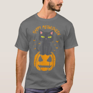 Happy Meowloween Black Cat On Pumpkin Full Moon Ha T-Shirt