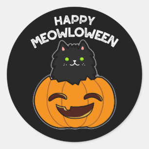Happy Meowloween Funny Halloween Pun Dark BG Classic Round Sticker