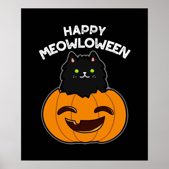 Happy Meowloween Funny Halloween Pun Dark BG Poster (Front)