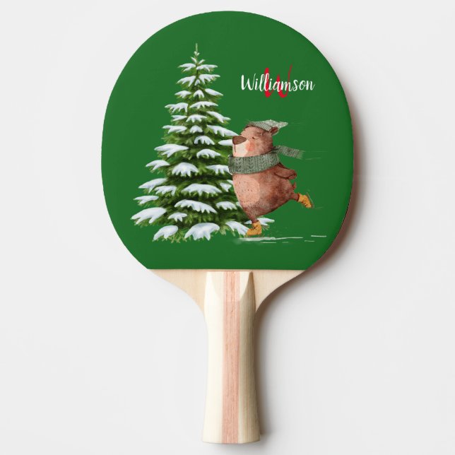 Happy Merry Christmas Monogram Name Tree Bear  Ping Pong Paddle (Front)