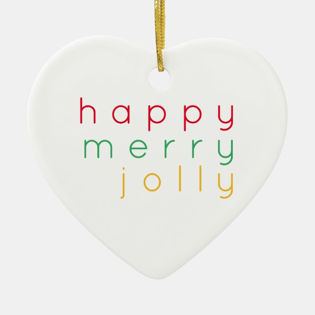 HAPPY MERRY JOLLY Ceramic Heart Ornament (Front)