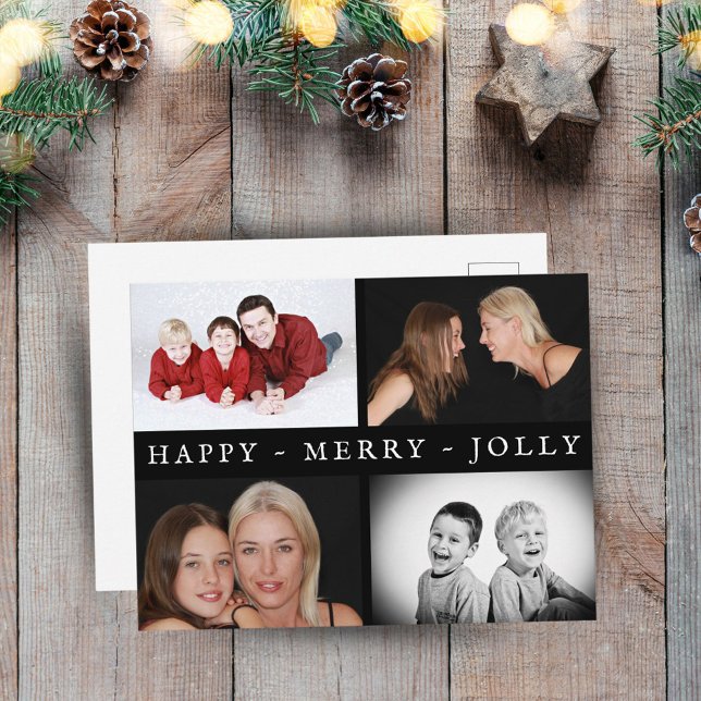Happy Merry Jolly Family 4 Photo Collage Holiday Postcard (Creator Uploaded)