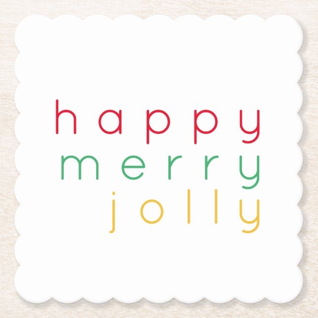 HAPPY MERRY JOLLY Scalloped Square Paper Coasters (Front)
