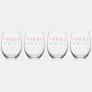 HAPPY MERRY JOLLY Stemless Wine Glasses (4)