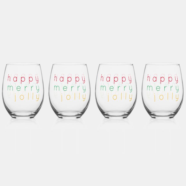 HAPPY MERRY JOLLY Stemless Wine Glasses (4) (Front)