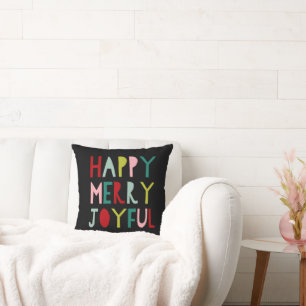 Happy Merry Joyful Bright Modern Christmas Cushion