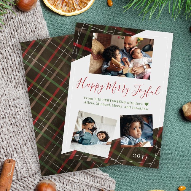 Happy Merry Joyful Christmas family collage plaid Holiday Card (Creator Uploaded)