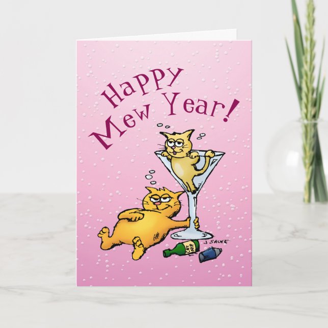 Happy Mew Year Funny Cocktail Kitten Card (Front)