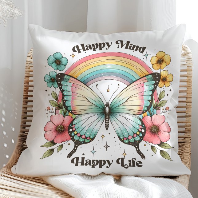 "Happy Mind Happy Life" Pastel Butterfly Rainbow Cushion ("Happy Mind Happy Life" Pastel Butterfly Rainbow Throw Pillow in a sunny rattan armchair.)