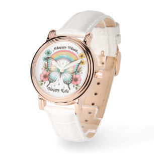 "Happy Mind Happy Life" Pastel Butterfly & Rainbow Watch