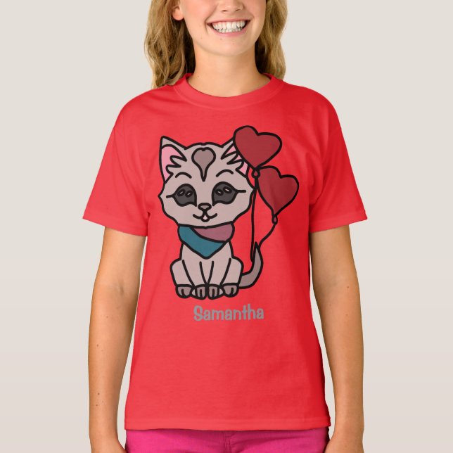 Happy Minimalist Cat with a Heart | Love T-Shirt (Front)