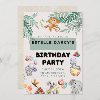 Happy monkey and beautiful animals birthday   invitation