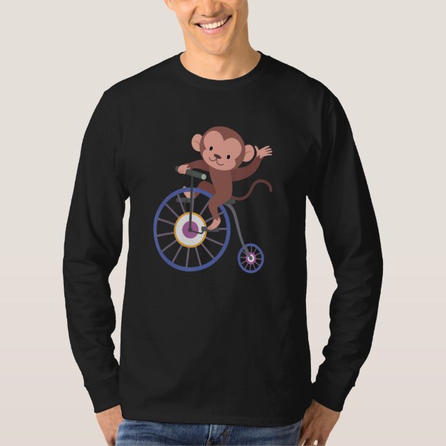 Happy Monkey Riding Bicycle and Waving Hand Cute A T-Shirt (Front)