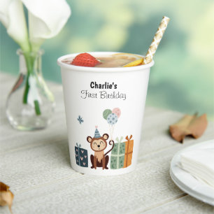 Happy Monkey with balloons and gifts, birthday Paper Cups