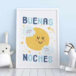 Happy Moon and Stars Nursery Art in Spanish Poster