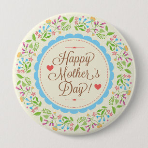 Happy Mother Day Text & Colorful Floral Wreath 10 Cm Round Badge