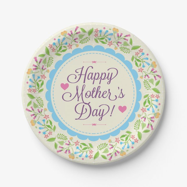 Happy Mother Day Text & Colourful Floral Wreath Paper Plate (Front)