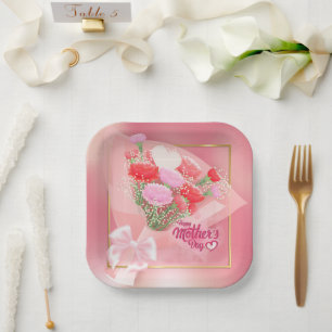 Happy Mother’s Day Floral Bouquet Pink and Gold Paper Plate