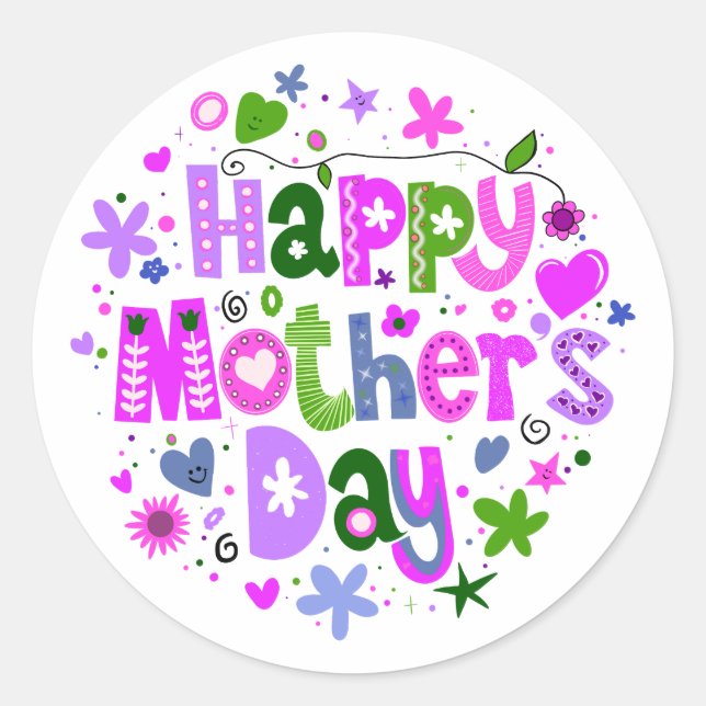 Happy Mother’s Day Purple Floral Lettering Classic Round Sticker (Front)