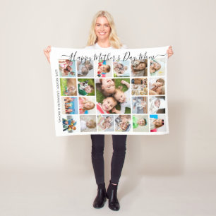 Happy Mothers Day 21 Photo Collage Script Keepsake Fleece Blanket