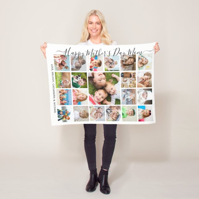 Happy Mothers Day 21 Photo Collage Script Keepsake Fleece Blanket (In Situ)