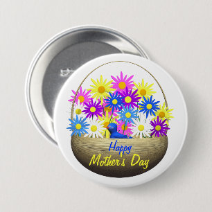 Happy Mothers Day Basket of Daisies and Blue Bird 7.5 Cm Round Badge
