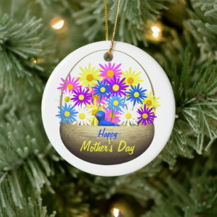 Happy Mothers Day Basket of Daisies and Blue Bird Ceramic Tree Decoration