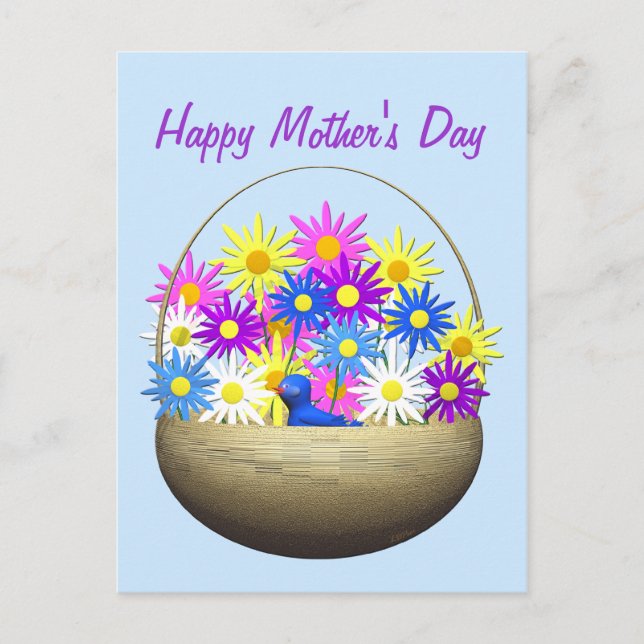 Happy Mothers Day Basket of Daisies and Blue Bird Postcard (Front)
