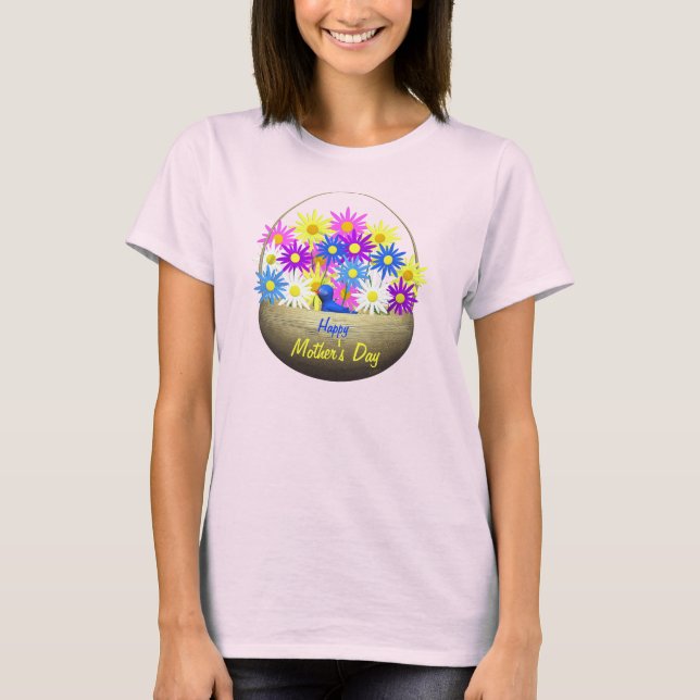 Happy Mothers Day Basket of Daisies and Blue Bird T-Shirt (Front)