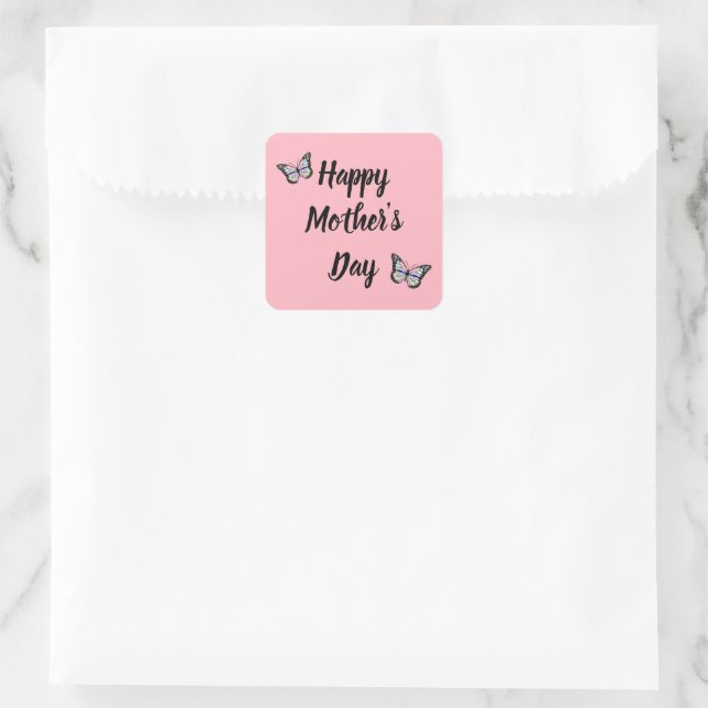 Happy Mother's Day Black Script Pink Butterflies Square Sticker (Bag)