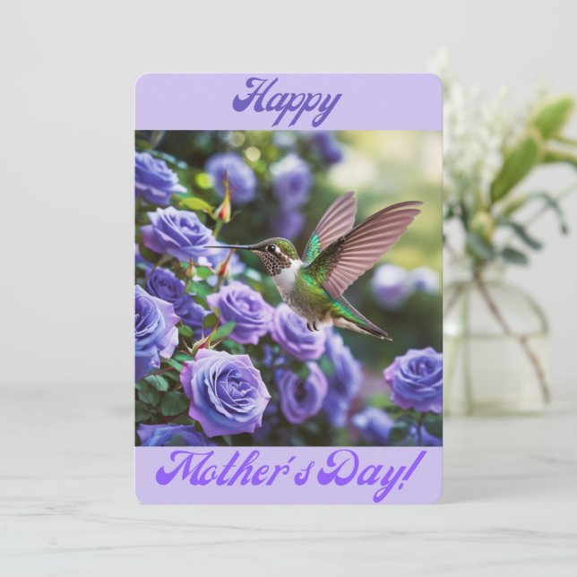 Happy Mother's Day Bluish Purple Roses Hummingbird Holiday Card (Standing Front)