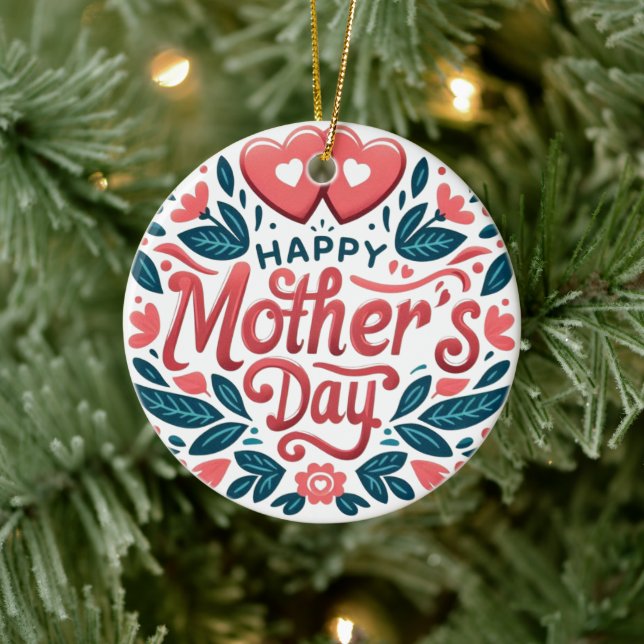 Happy Mother's Day - Botanical Heart & Script  Ceramic Tree Decoration (Tree)