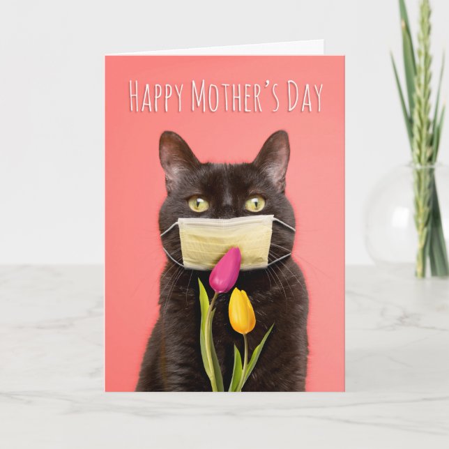 Happy Mother's Day Cat in Face Mask With Flowers Holiday Card (Front)