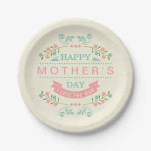 Happy Mother's Day - Chic Teal Cream Pink Floral Paper Plate